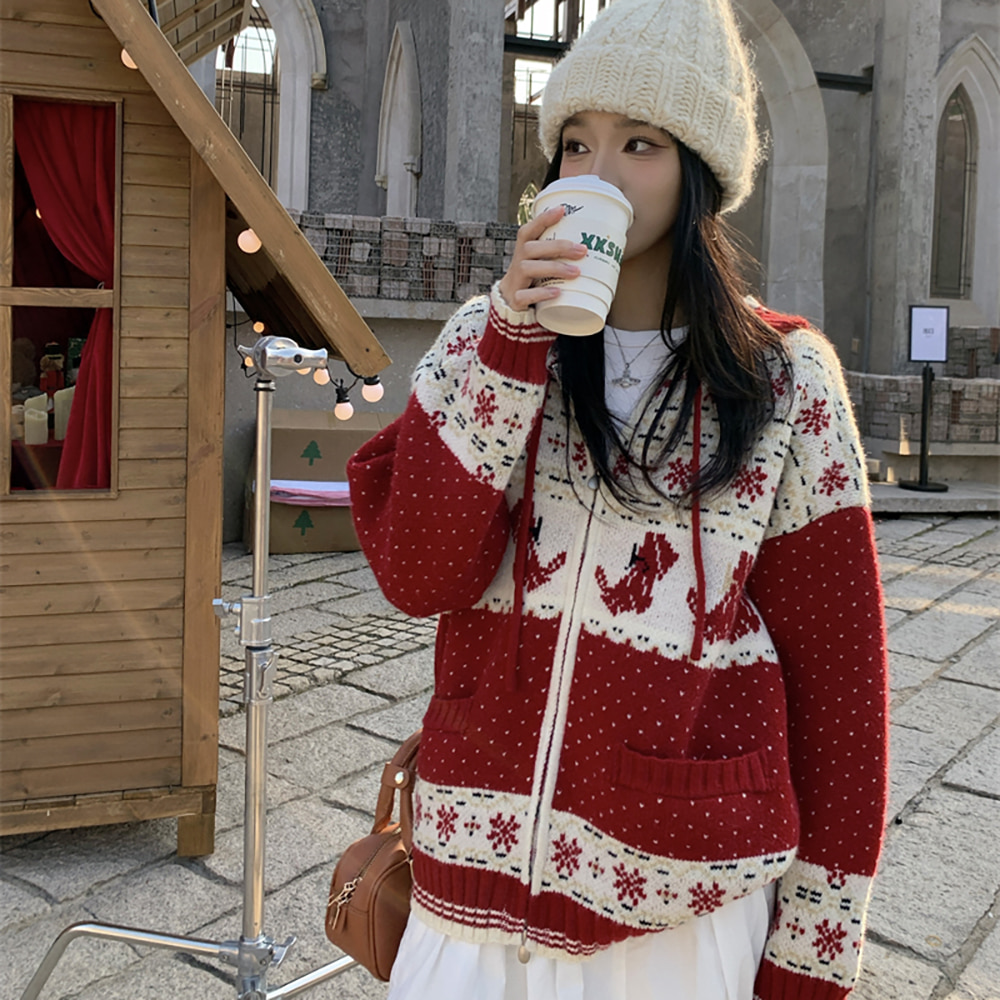 [EF271]벨라 자가드 니트 후드 집업