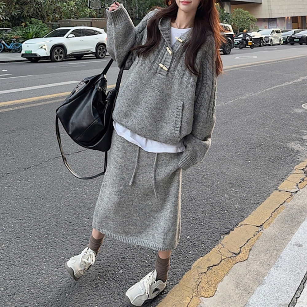 [EF272]리움 니트후드+스커트 세트