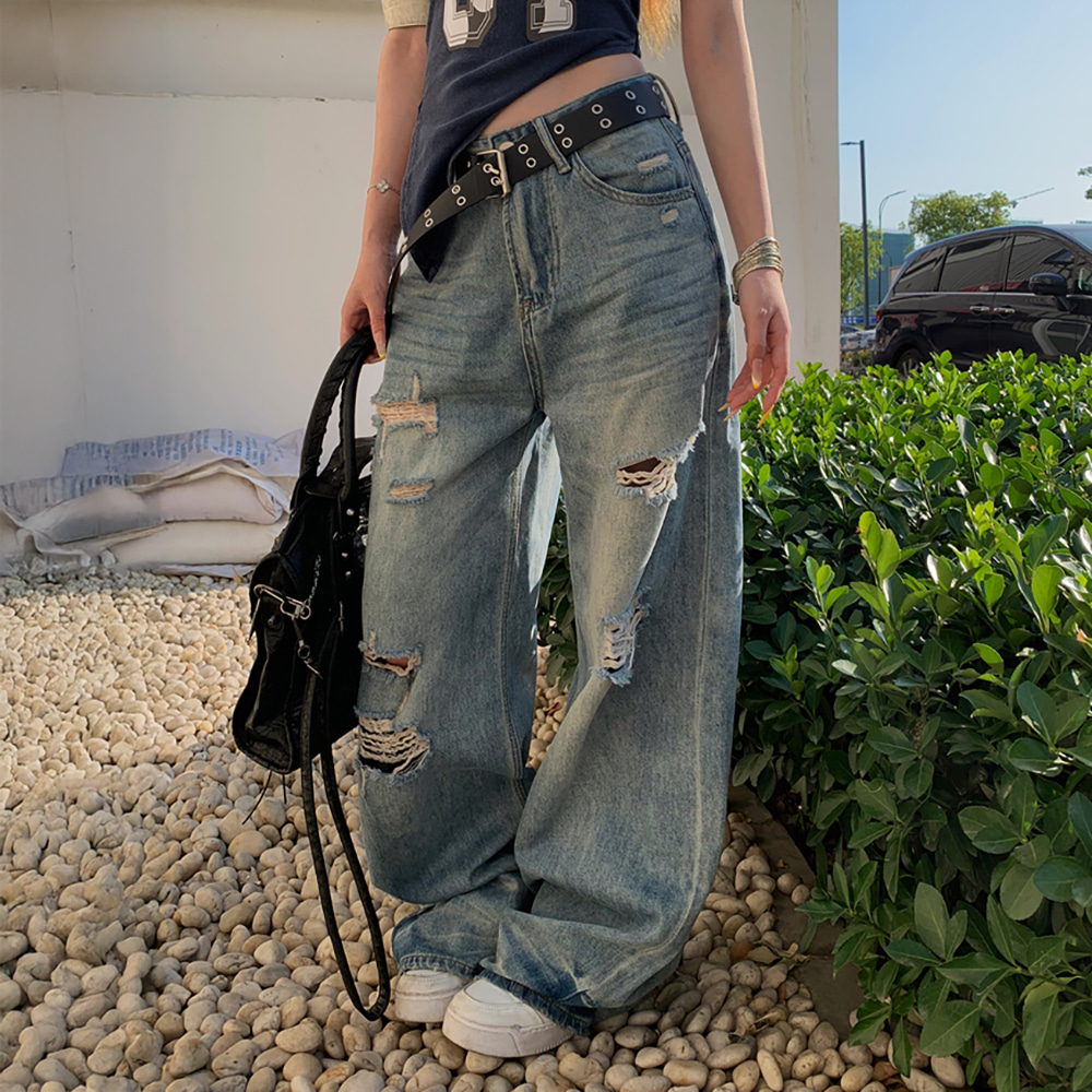 [EF367]나인티 데미지 와이드 데님팬츠