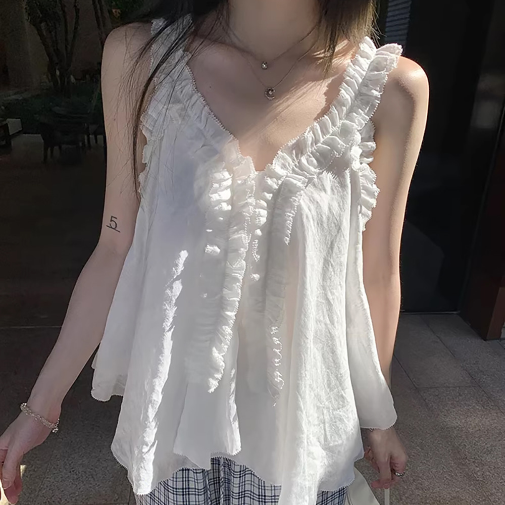 [EF383]휘핑 브이넥 슬리브리스 블라우스