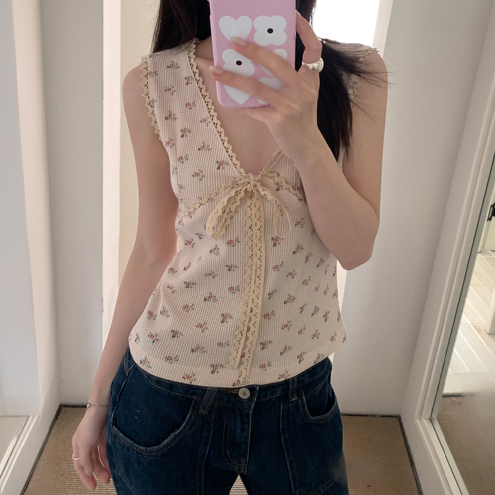 [EF410]쎄시 브이넥 레이스 민소매 티셔츠