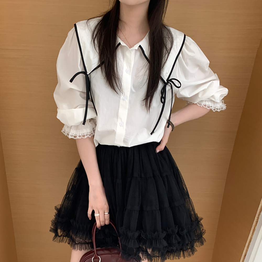 [EF421]리본 카라 벌룬 셔츠 블라우스