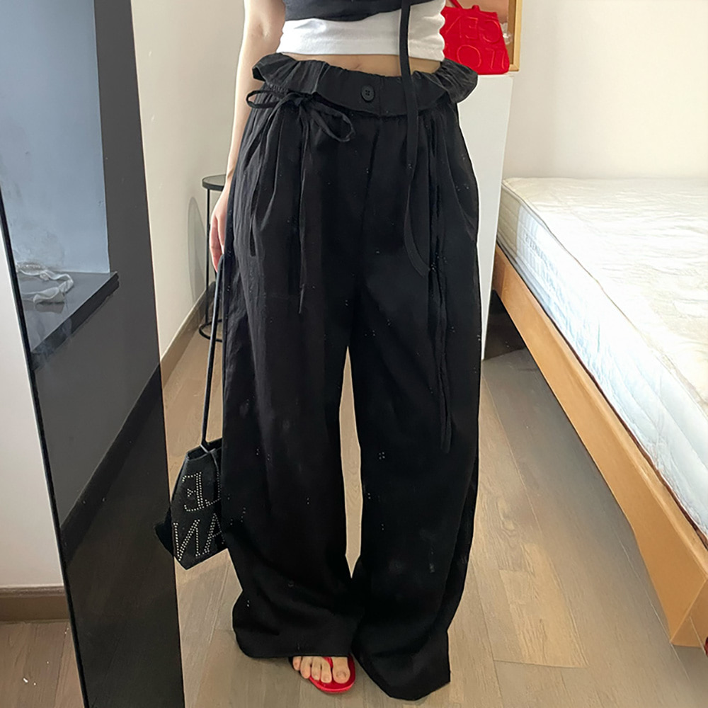 [EF422]리본 롤업 밴딩 와이드 팬츠