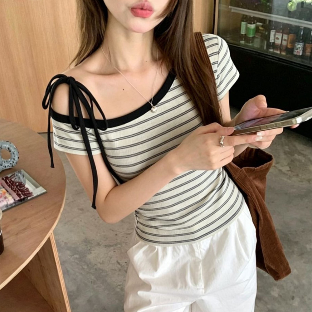 [EF437]누누 숄더 리본 반팔 티셔츠