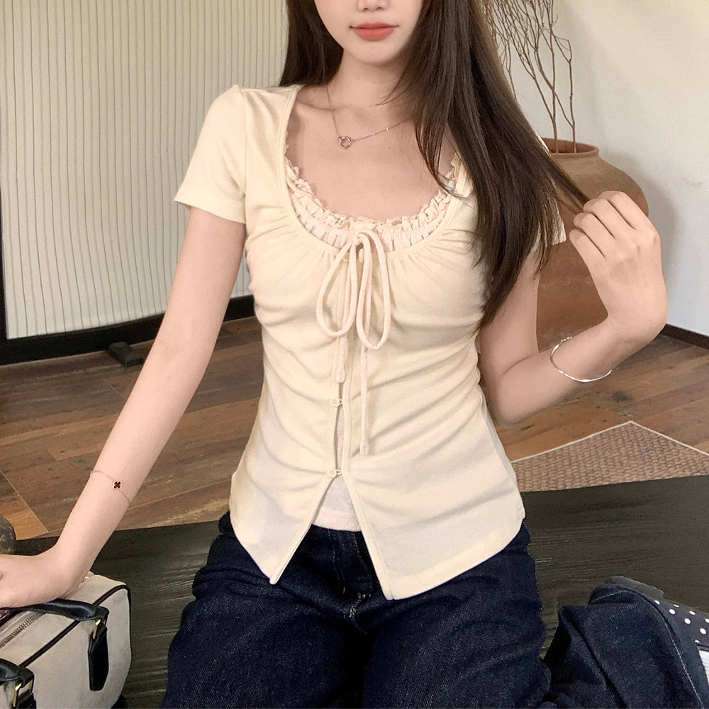 [EF496]리나 레이스 레이어드 반팔티셔츠